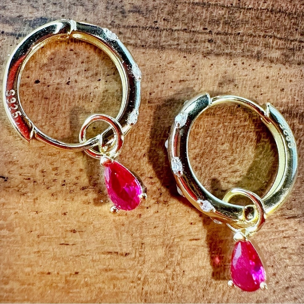 NEW 14K Yellow Gold-Plated White Crystal CZ Encrusted Huggie Hoops w Ruby Dangle